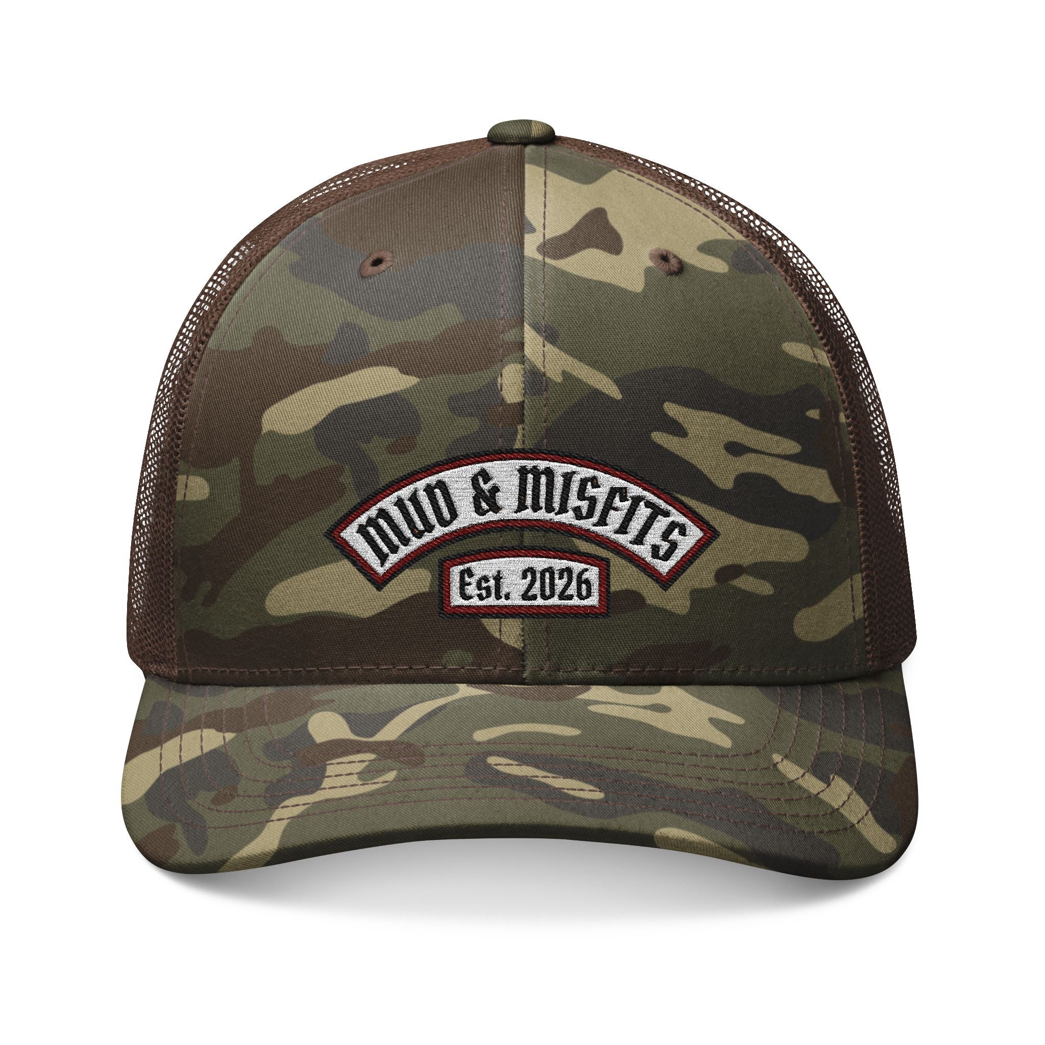 Embroidered Biker Patch "Mud & Misfits Est. 2026" Camouflage Trucker Hat